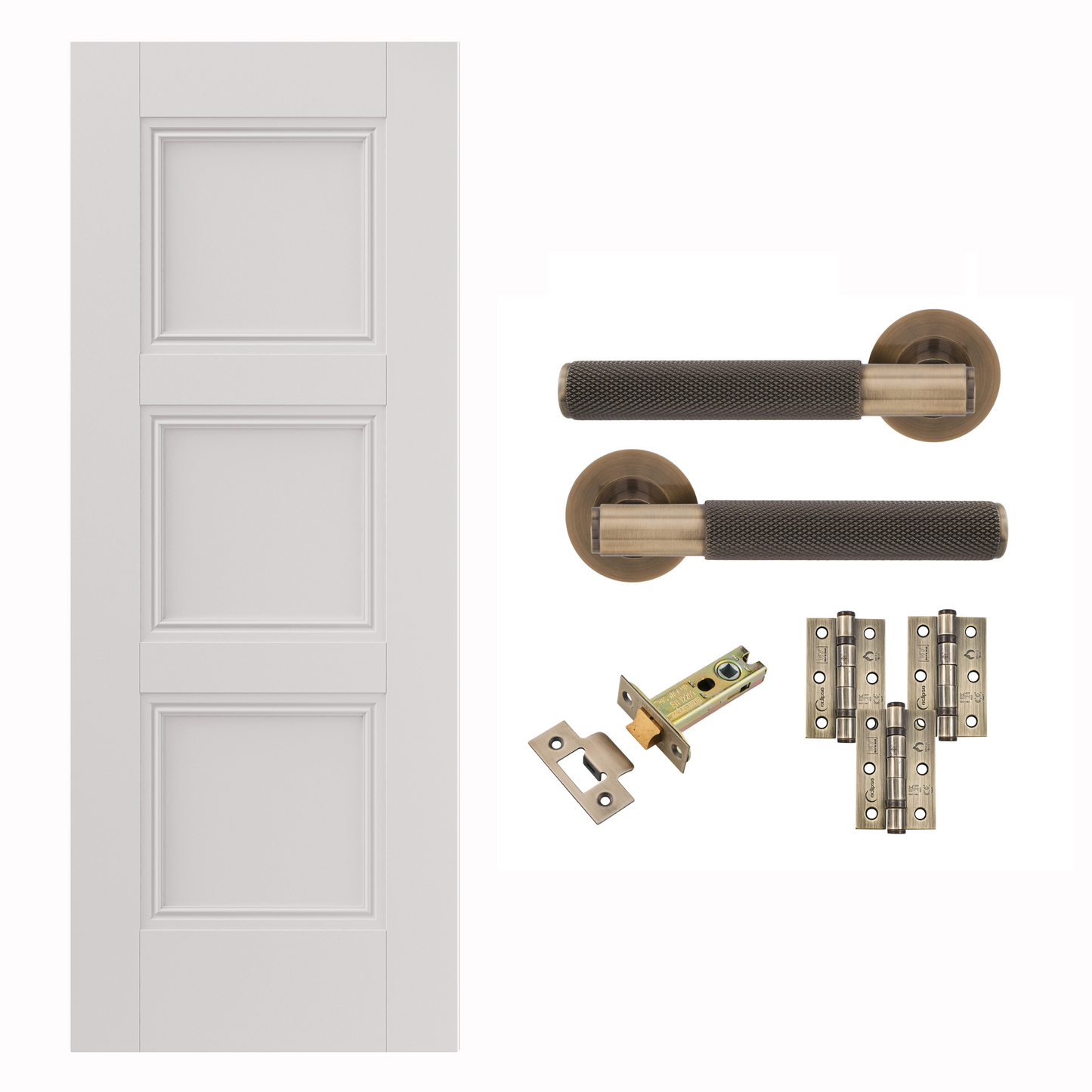 White Primed Catton 3 Panel FD30 Fire Rated Internal Door with Handle pack