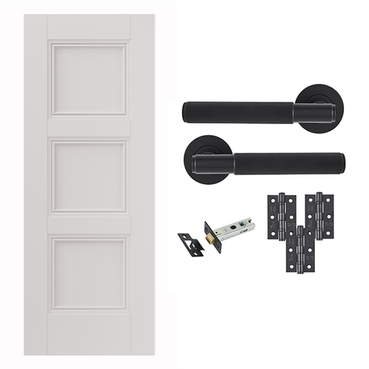 White Primed Catton 3 Panel FD30 Fire Rated Internal Door with Handle pack
