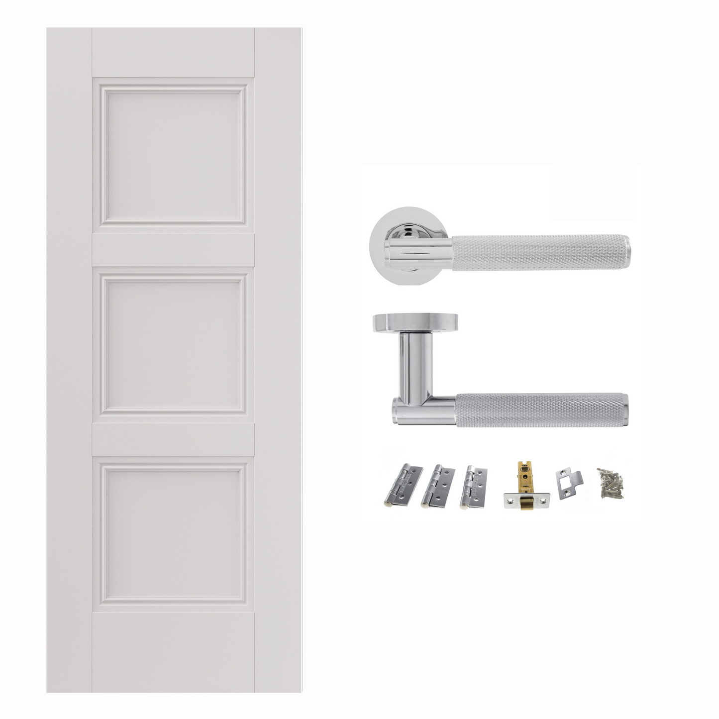 White Primed Catton 3 Panel FD30 Fire Rated Internal Door with Handle pack