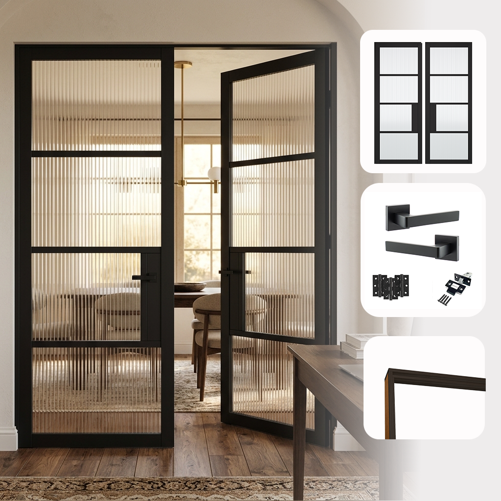 Chelsea Black Reeded Glazed Internal Pair Door Set