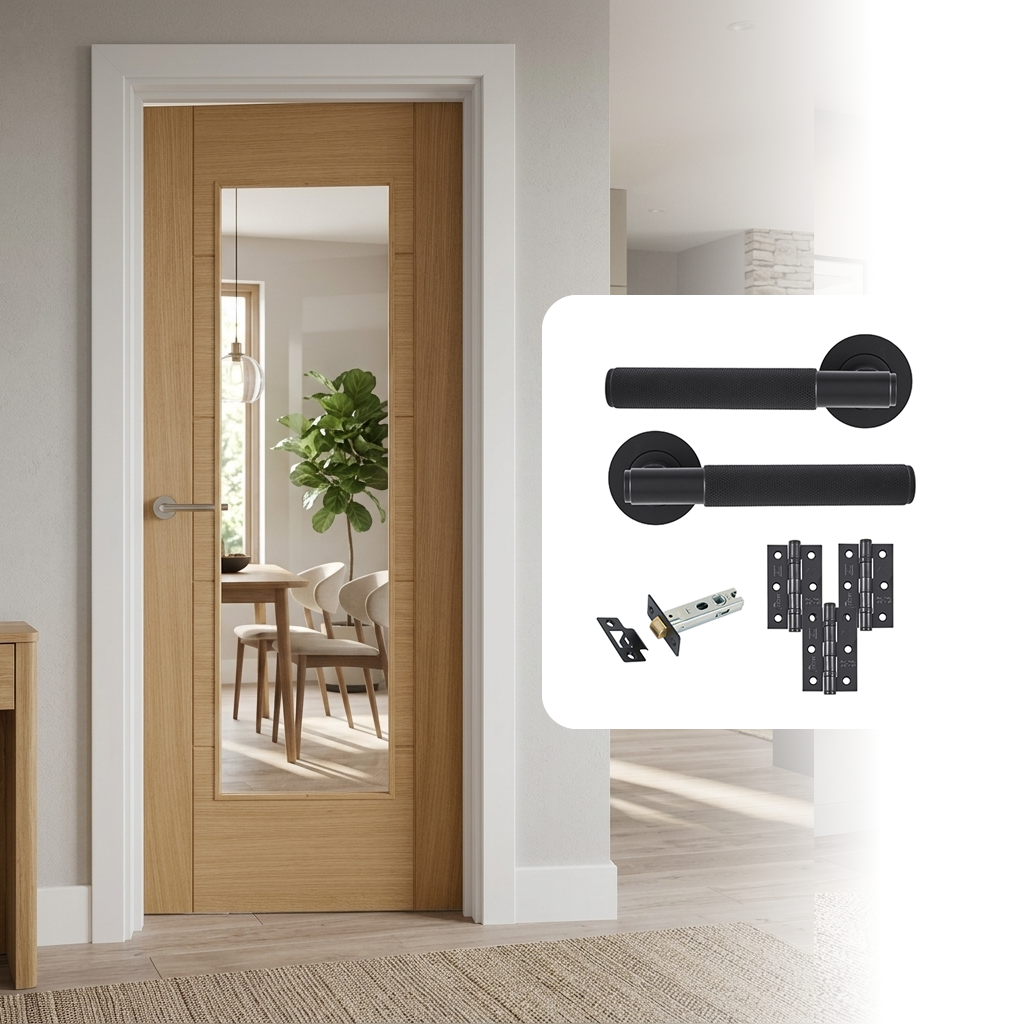 Fully Finished Oak Cotswold 5P Clear Glazed Internal Door with Handle Pack