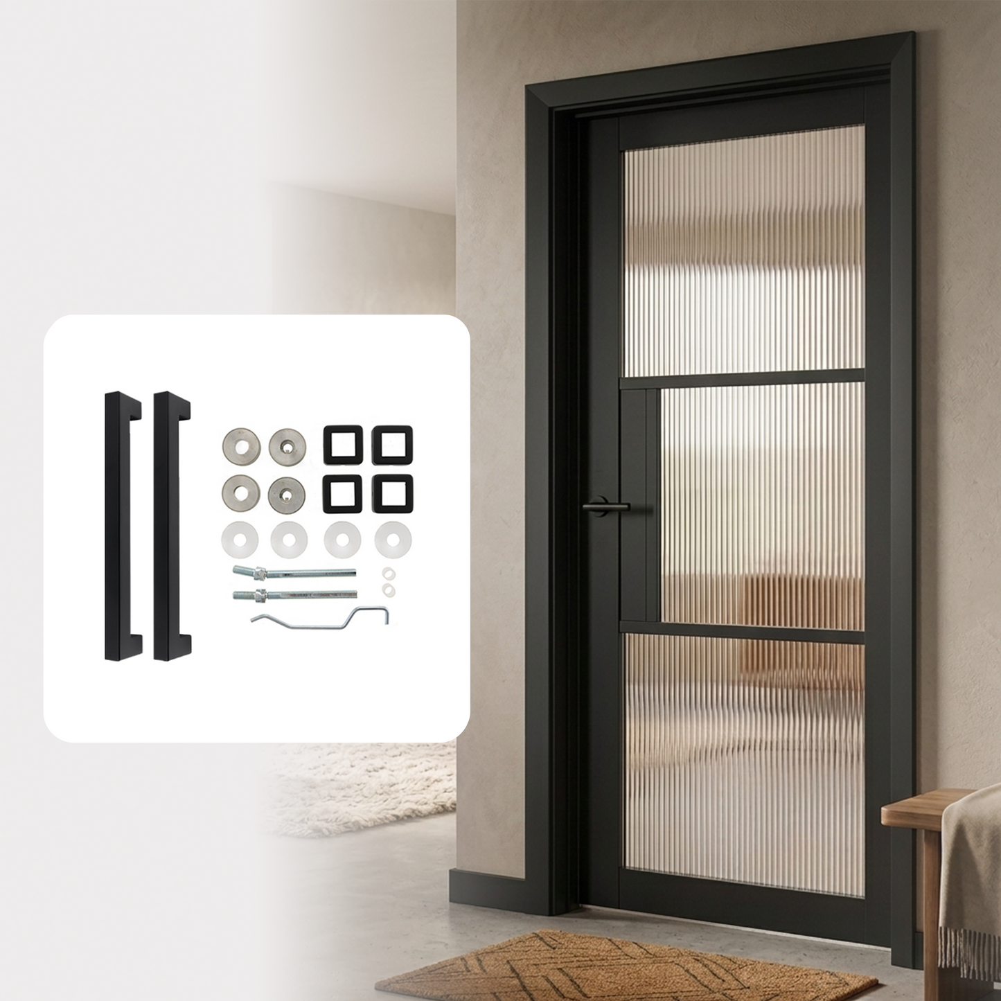 Fully Finished Black Laminate Florence Reeded Glazed Internal Door with Handle Pack