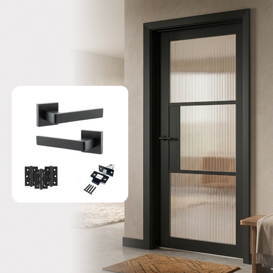 Fully Finished Black Laminate Florence Reeded Glazed Internal Door with Handle Pack