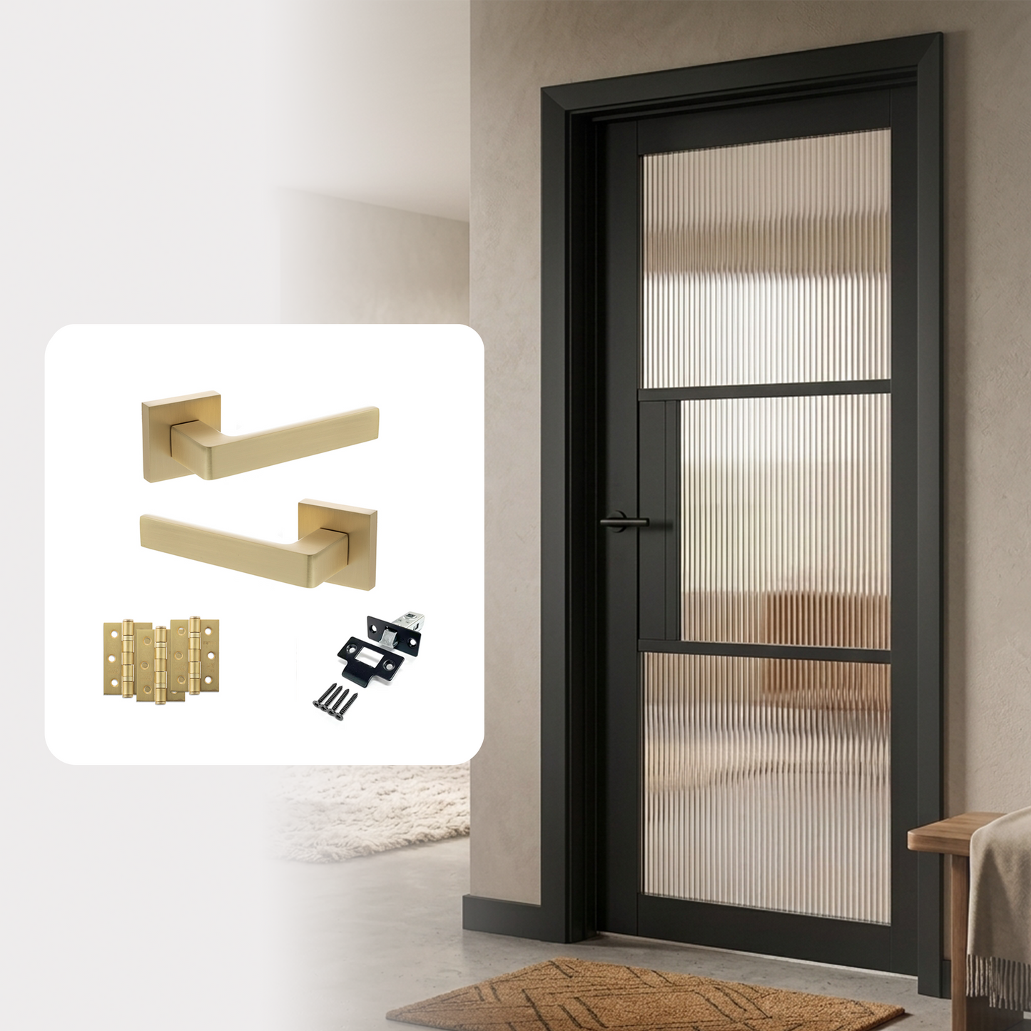 Fully Finished Black Laminate Florence Reeded Glazed Internal Door with Handle Pack