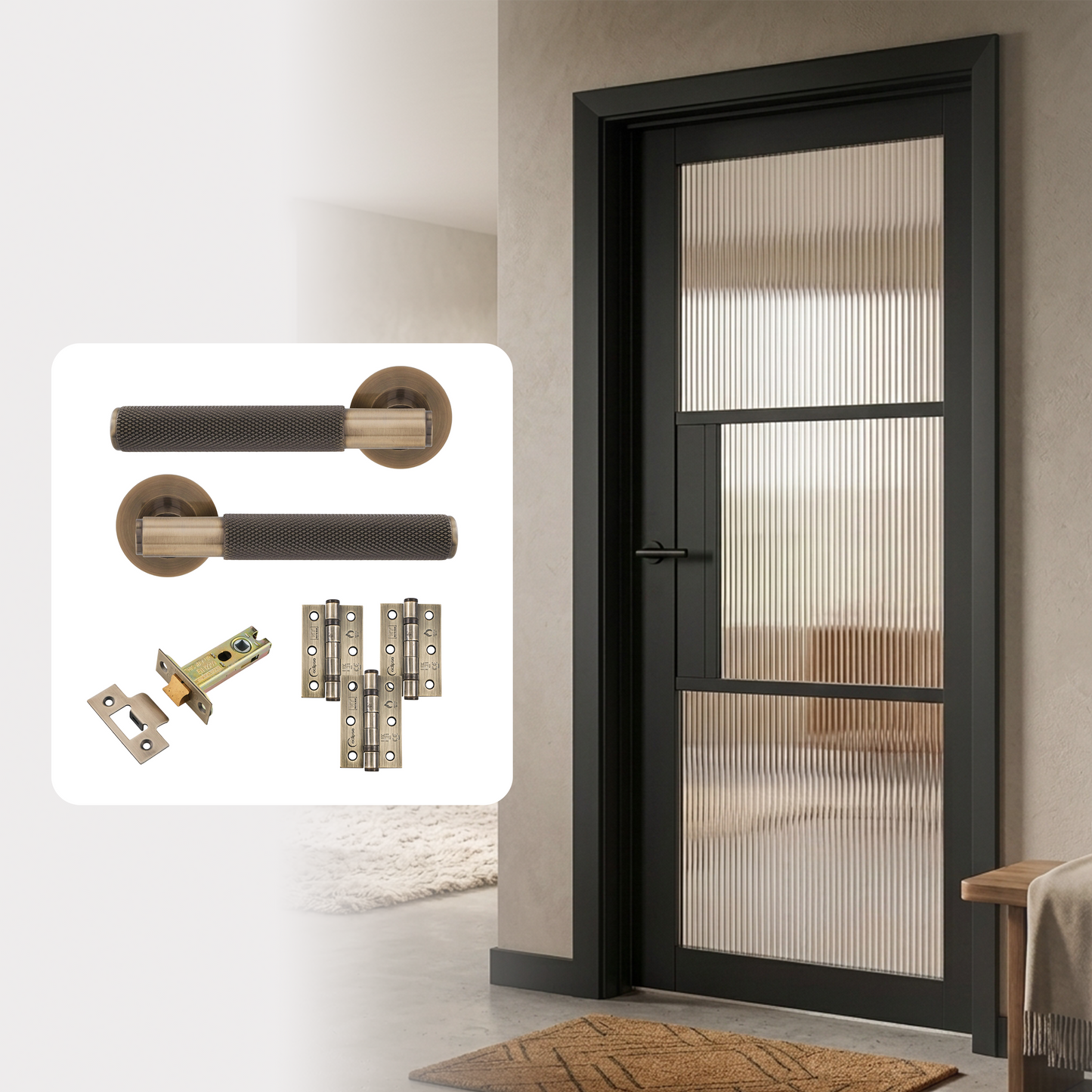 Fully Finished Black Laminate Florence Reeded Glazed Internal Door with Handle Pack