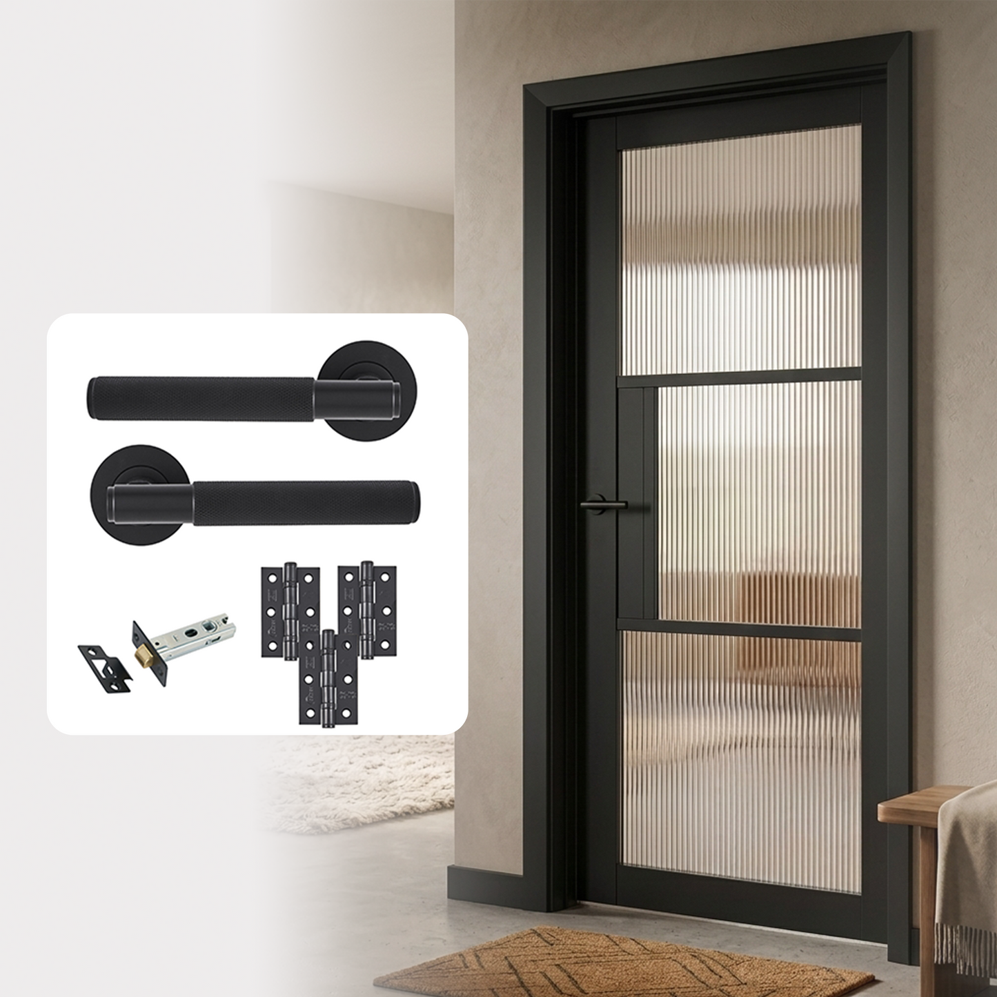Fully Finished Black Laminate Florence Reeded Glazed Internal Door with Handle Pack