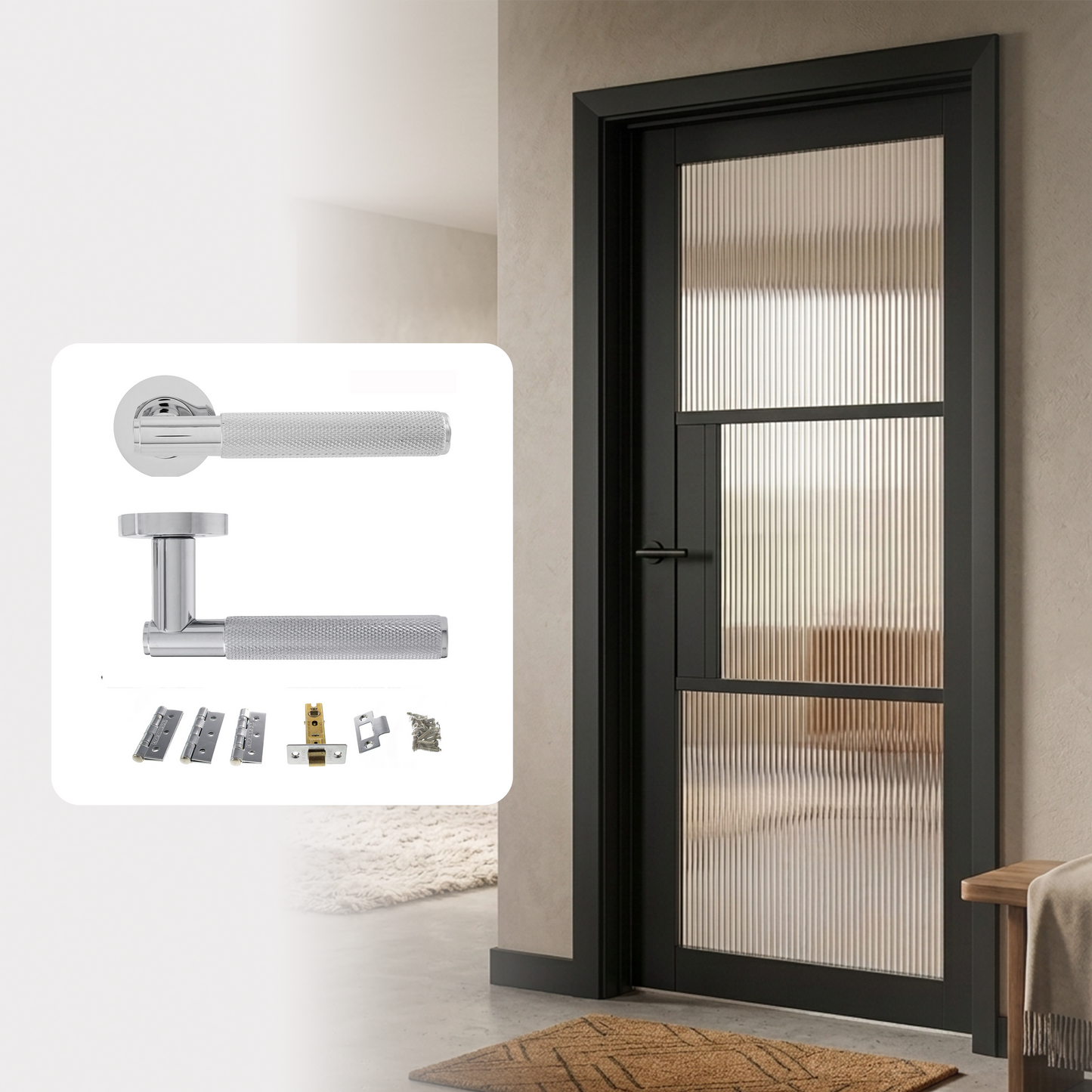 Fully Finished Black Laminate Florence Reeded Glazed Internal Door with Handle Pack