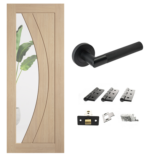 Unfinished Oak Girona Clear Glazed Internal Door & Handle Pack Bundle