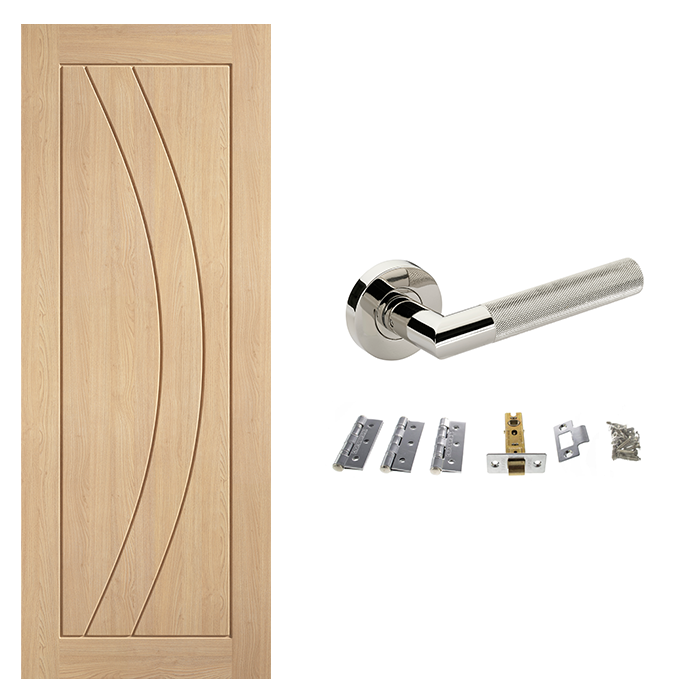 Unfinished Oak Girona FD30 Fire Rated Internal Door & Handle Pack Bundle
