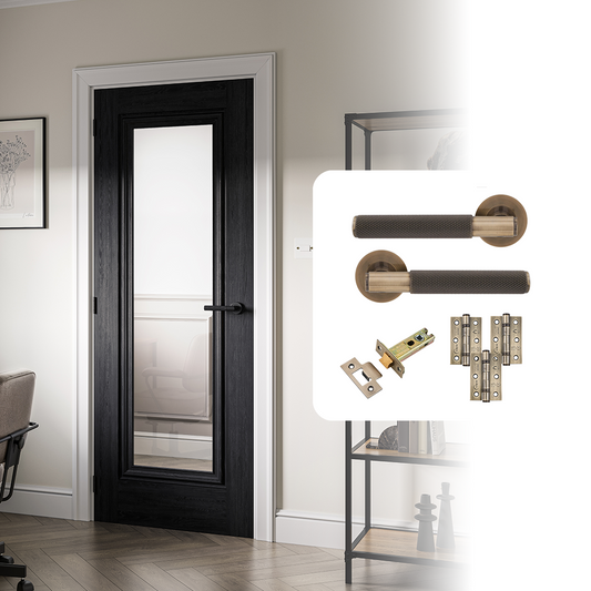 Fully Finished Black Laminate Haddon Clear Glazed 1 Panel Internal Door with Handle Pack