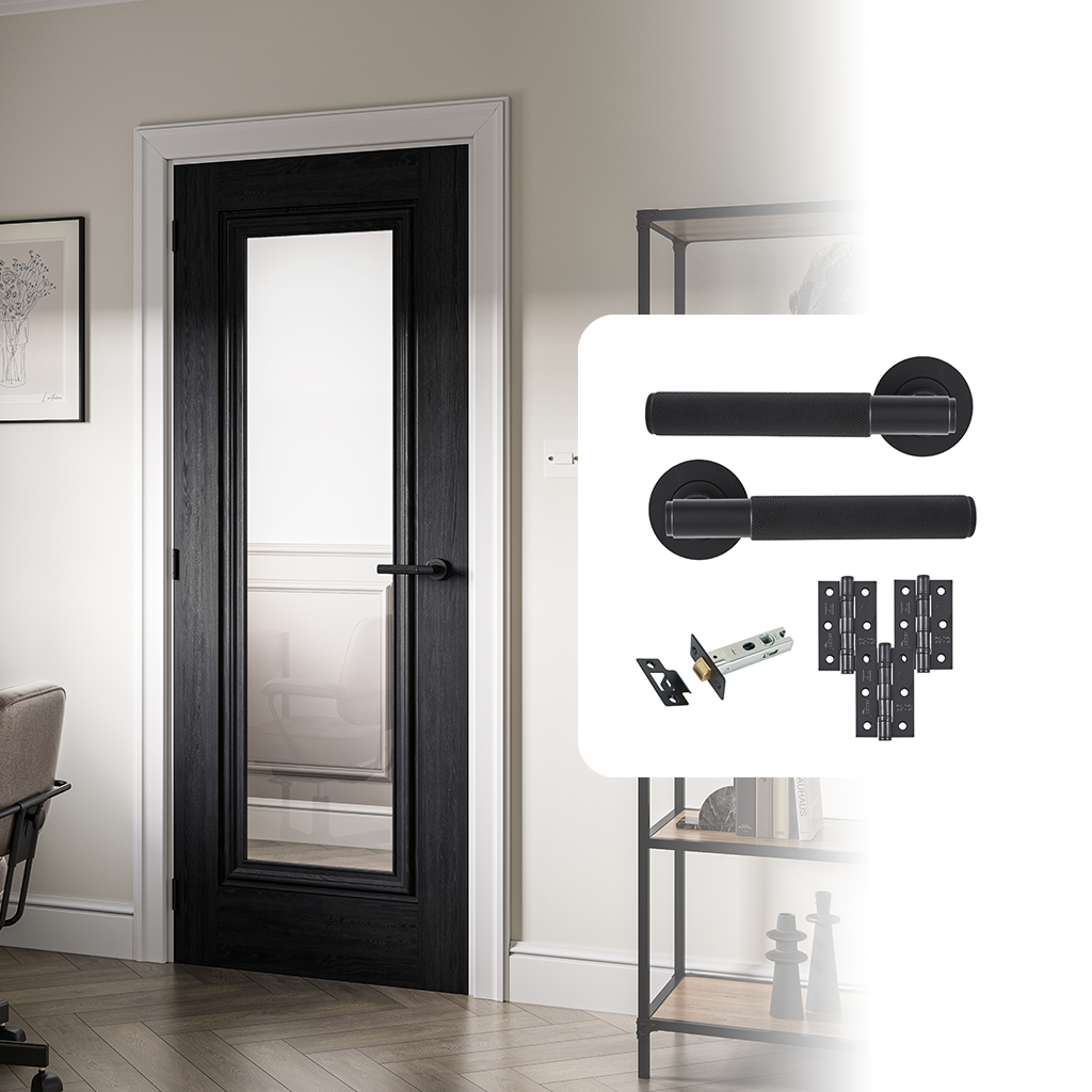 Fully Finished Black Laminate Haddon Clear Glazed 1 Panel Internal Door with Handle Pack