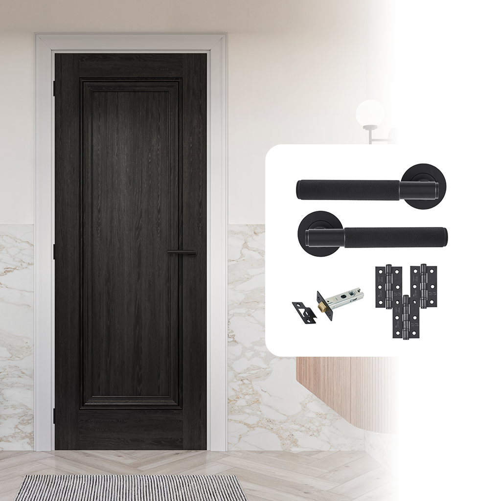 Fully Finished Black Laminate Haddon 1 Panel Internal Door with Handle Pack