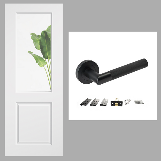 White Moulded Smooth 2 Panel Clear Glazed Internal Door & Handle Pack Bundle