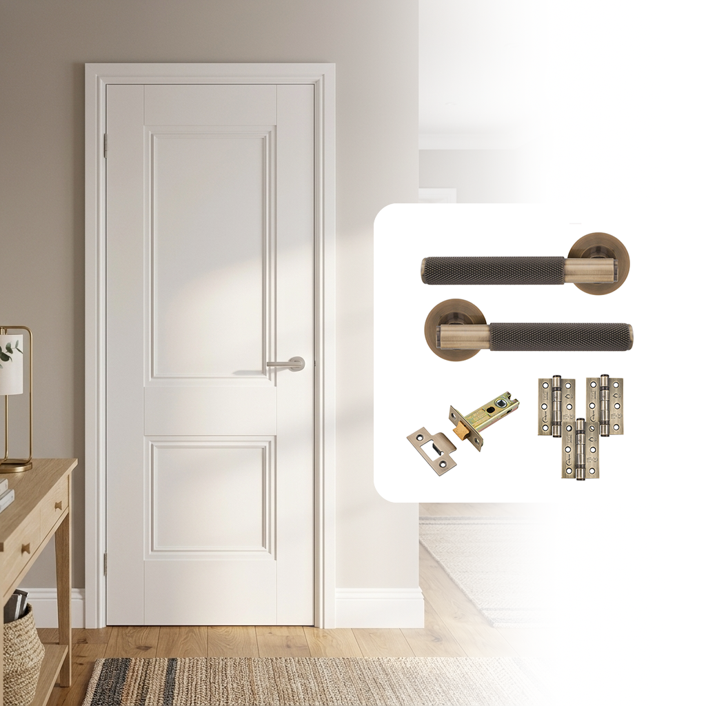 White Primed Hardwick 2P with Decorative Mouldings FD30 Fire Rated Internal Door with Handle Pack