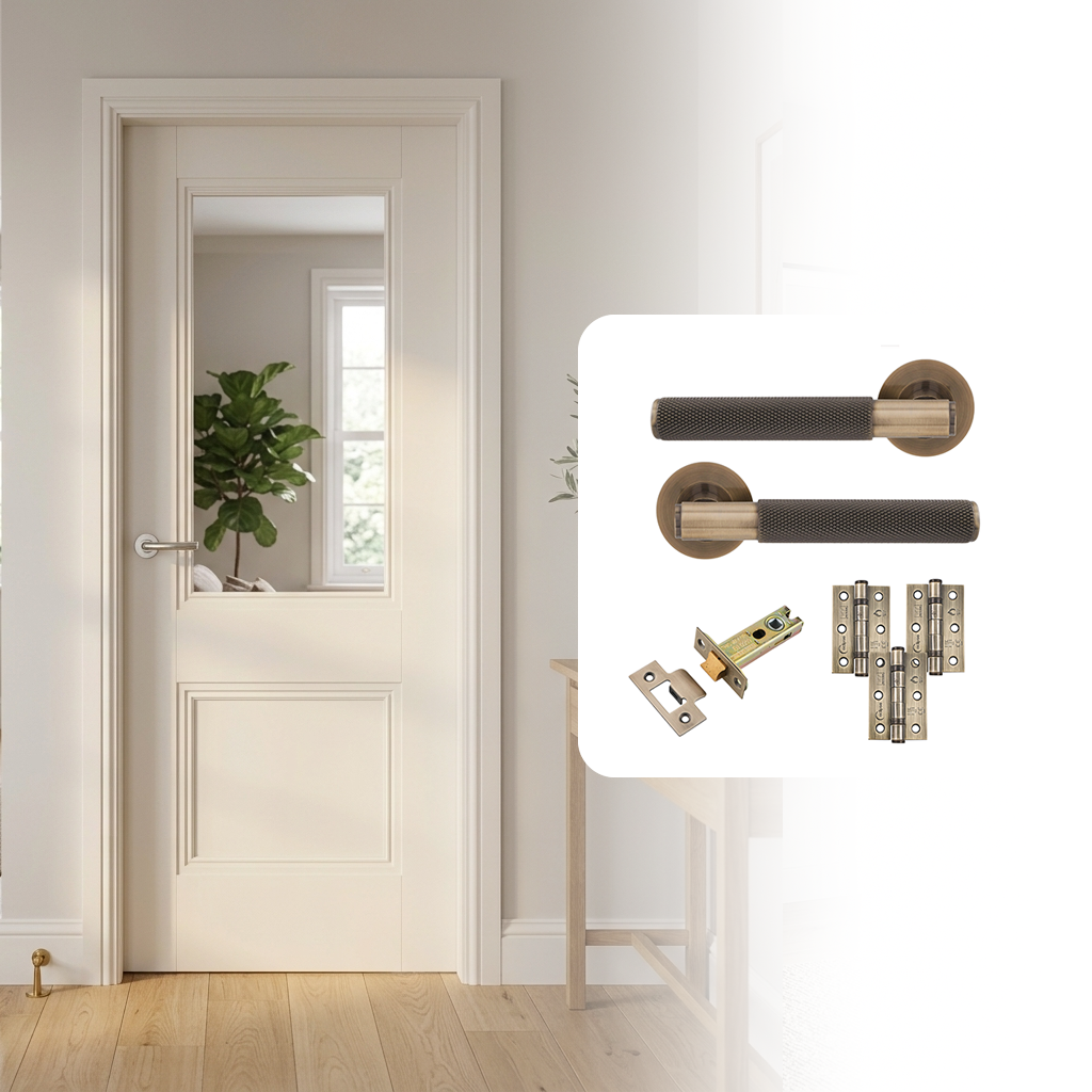 White Primed Hardwick Clear Glazed with Decorative Mouldings Internal Door and Handle Pack
