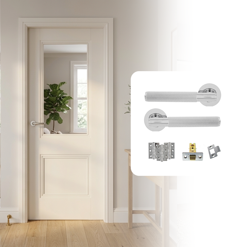 White Primed Hardwick Clear Glazed with Decorative Mouldings Internal Door and Handle Pack