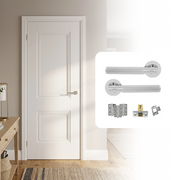 White Primed Hardwick 2P with Decorative Mouldings FD30 Fire Rated Internal Door with Handle Pack