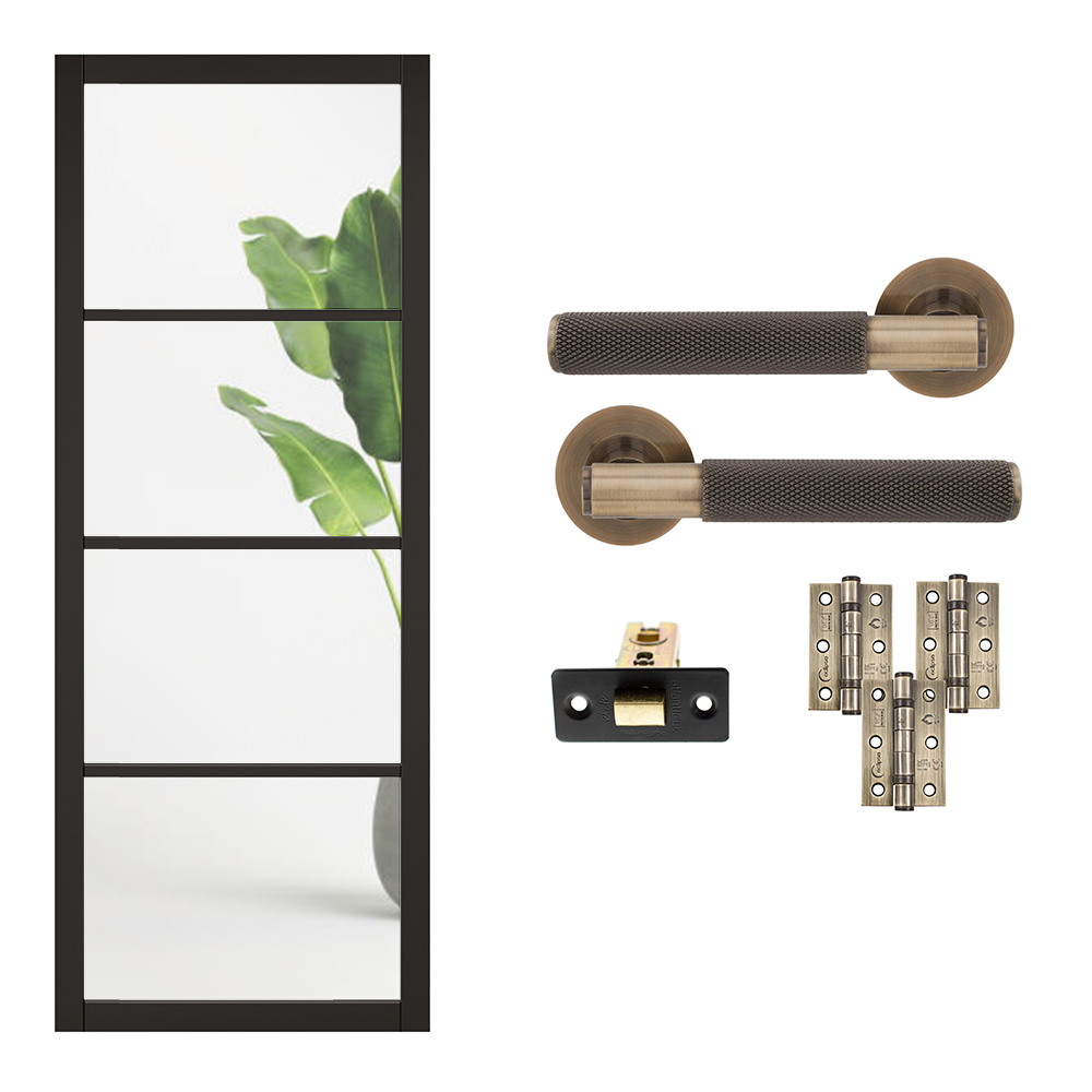 Industrial 4L Black Clear Glazed Internal Door with Handle Pack Bundle