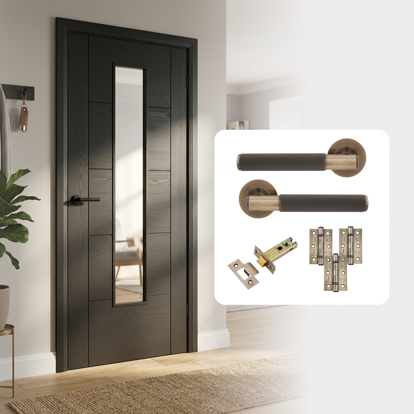 Fully Finished Black Laminate Iseo 5P Clear Glazed Internal Door with Handle Pack