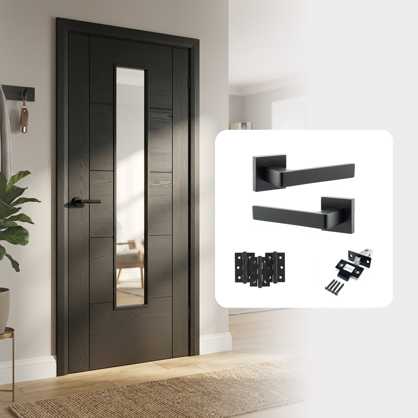 Fully Finished Black Laminate Iseo 5P Clear Glazed Internal Door with Handle Pack