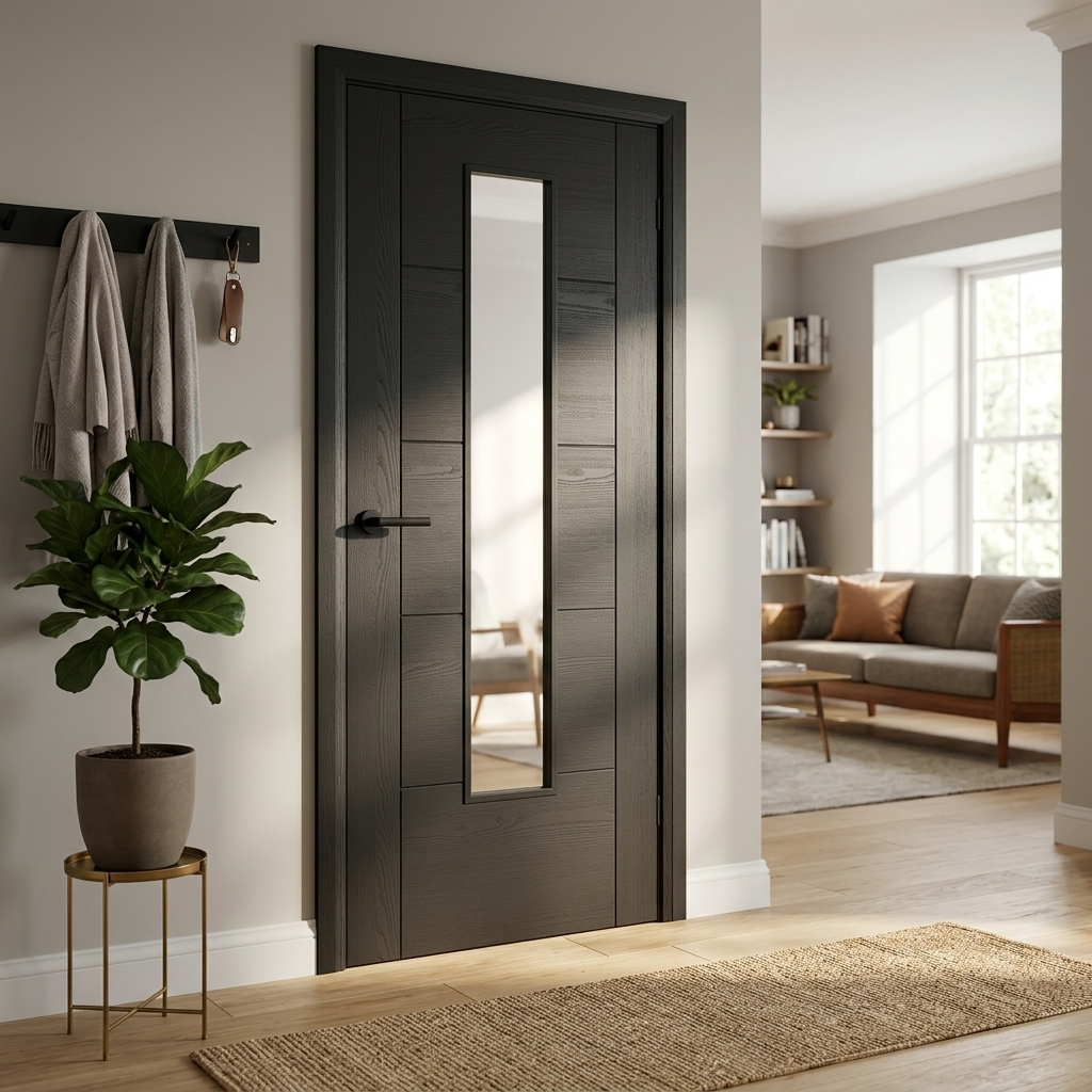 Fully Finished Black Laminate Iseo 5P Clear Glazed FD30 Fire Rated Internal Door