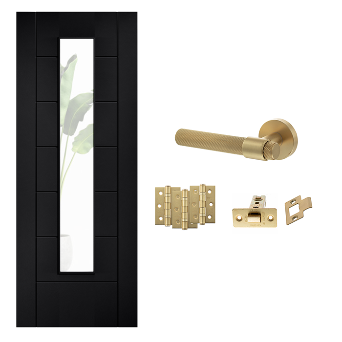 Linear 7P Clear Glazed Laminate Black Finished Internal Door & Handle Pack Bundle