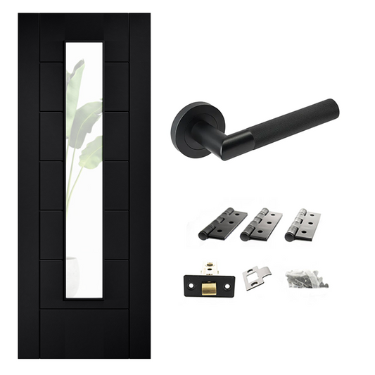 Linear 7P Clear Glazed Laminate Black Finished Internal Door & Handle Pack Bundle