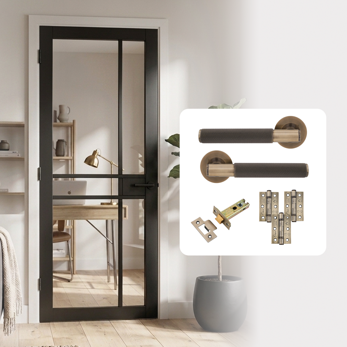 Fully Finished Black Laminate Naples Clear Glazed Internal Door with Handle Pack