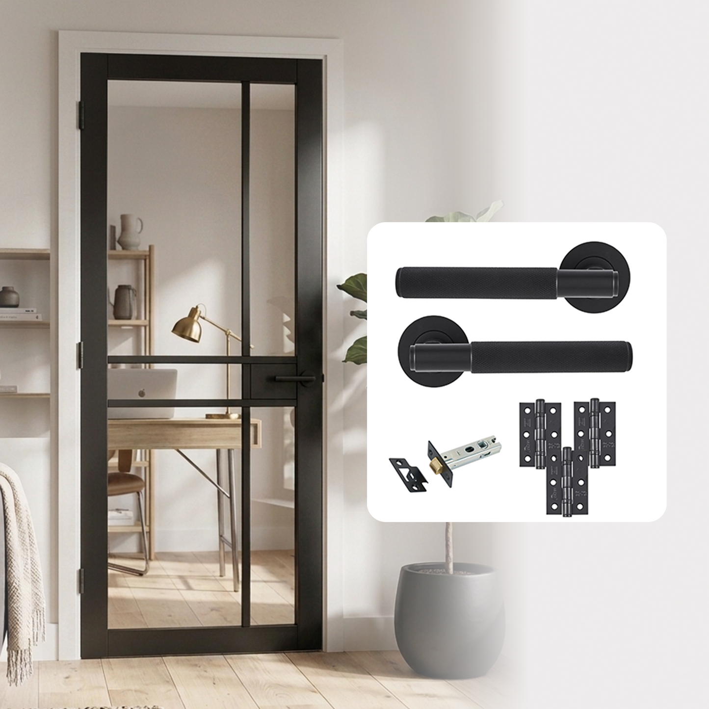 Fully Finished Black Laminate Naples Clear Glazed Internal Door with Handle Pack