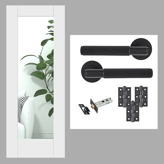 White Primed Pattern 10 Glazed FD30 Fire Rated Internal Door with Handle Pack