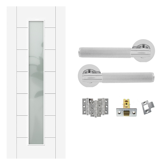 Fully Finished 7 Panel White Frosted Glazed Internal Door & Handle Pack Bundle