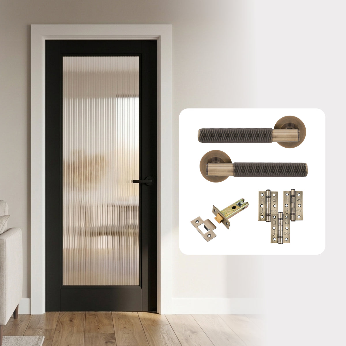 Fully Finished Black Ravenna Reeded 1L Glazed Internal Door with Handle Pack