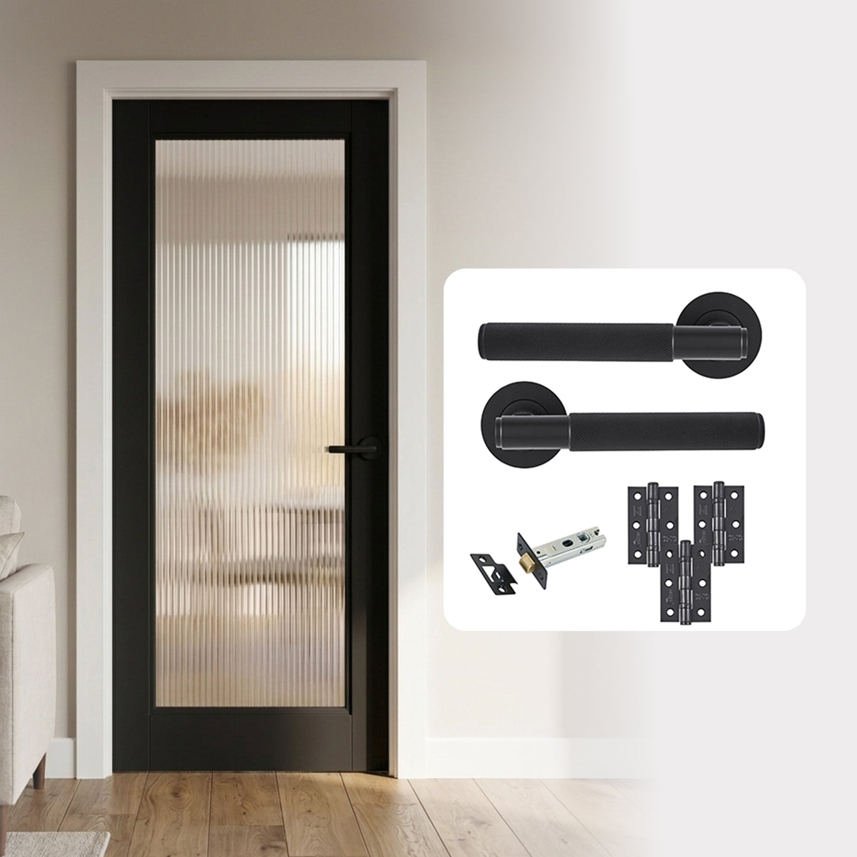 Fully Finished Black Ravenna Reeded 1L Glazed Internal Door with Handle Pack