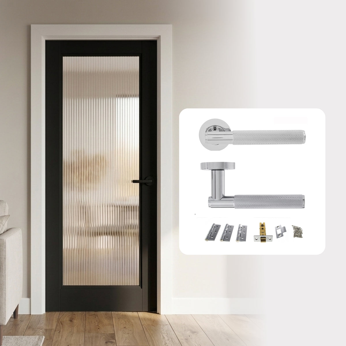 Fully Finished Black Ravenna Reeded 1L Glazed Internal Door with Handle Pack