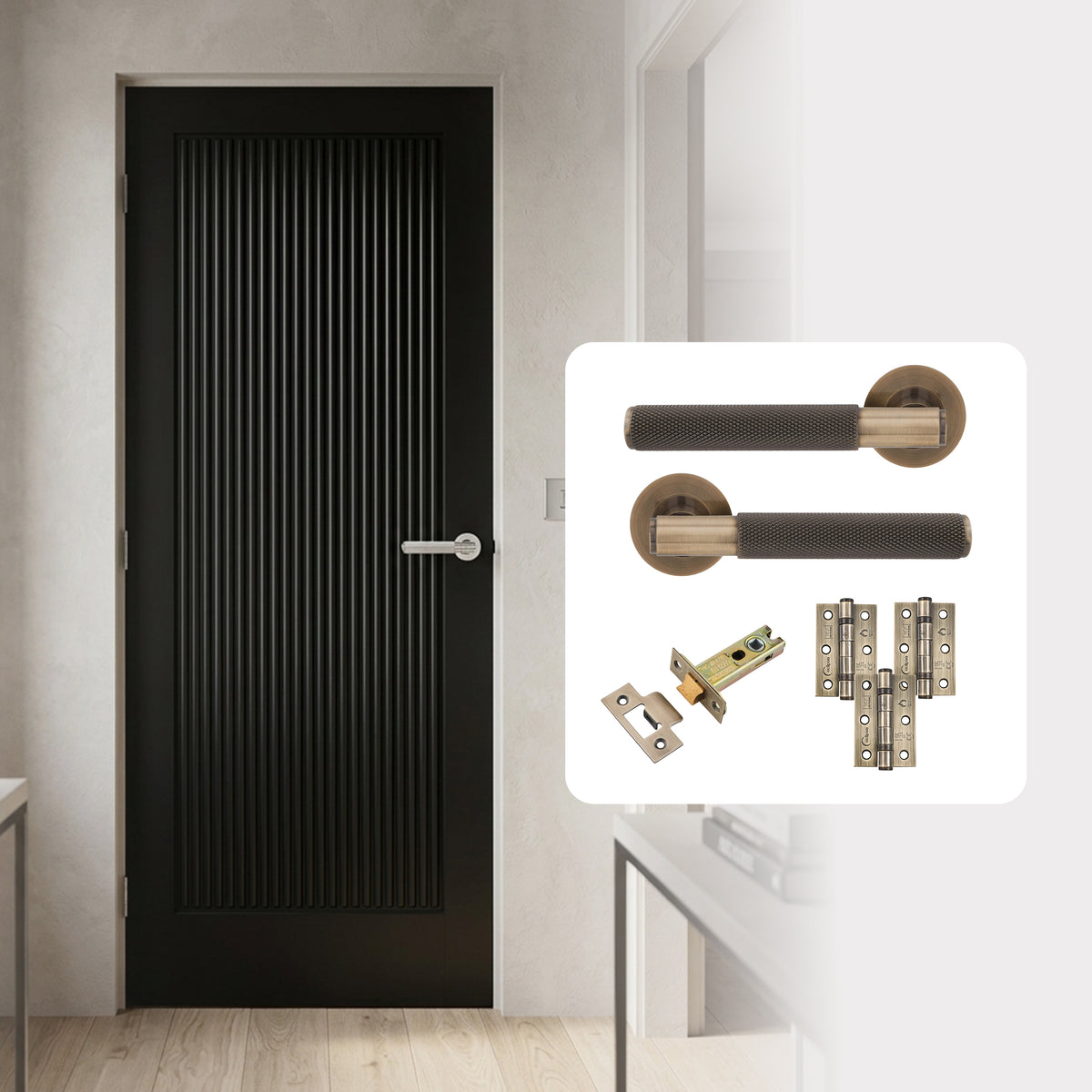 Fully Finished Black Ravenna Reeded FD30 Fire Rated Internal Door with Handle Pack