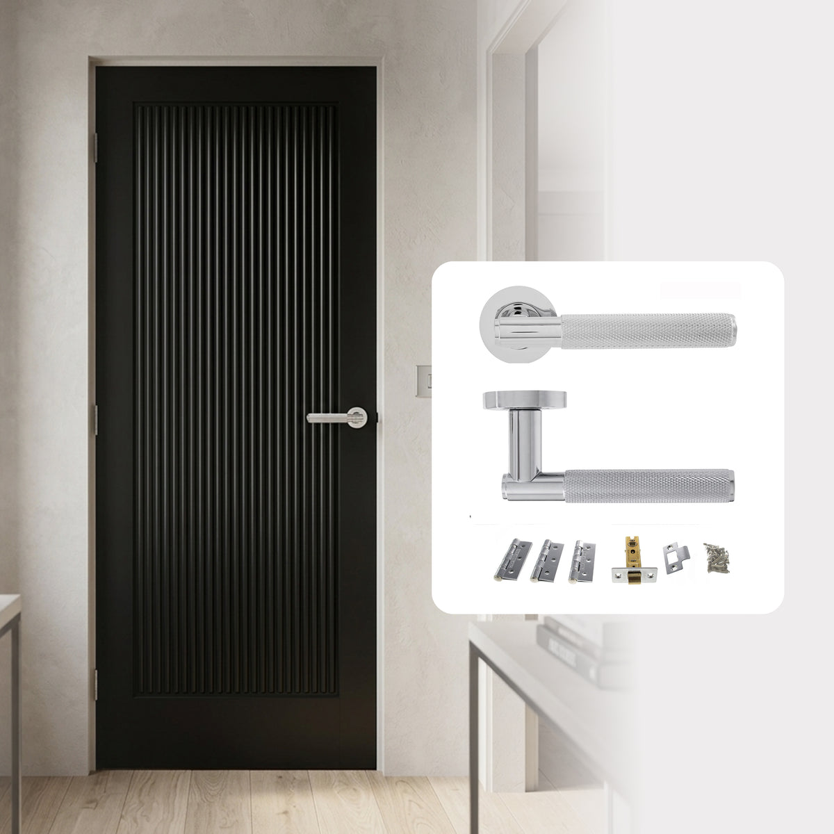 Fully Finished Black Ravenna Reeded FD30 Fire Rated Internal Door with Handle Pack
