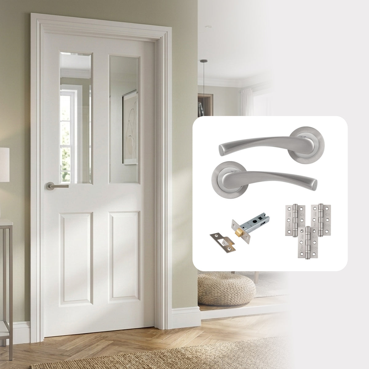 White Primed Moulded Hollow Core Smooth Ashford 2L Clear Glazed Internal Door with Handle Pack