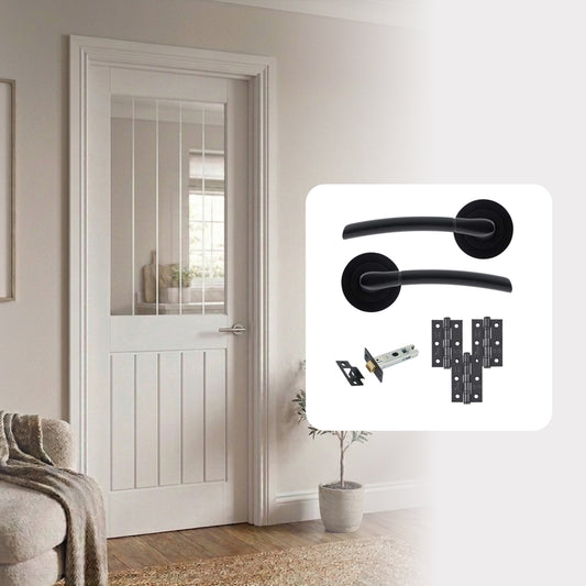 Suffolk White Primed Cottage Hollow Core Smooth Moulded Glazed Internal Door with Handle Pack