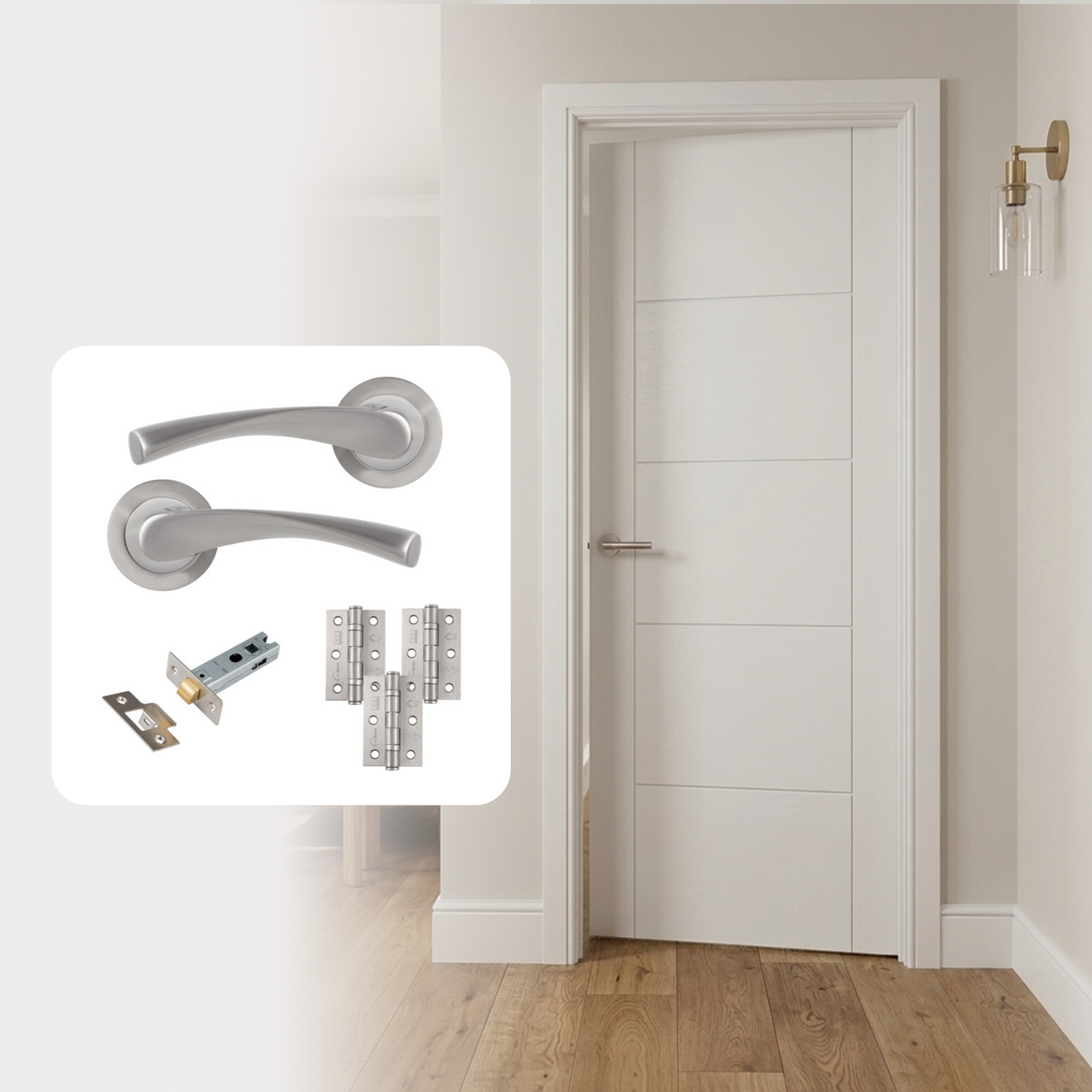 White Primed Hollow Core Smooth 5P Vancouver Internal Door with Handle Pack