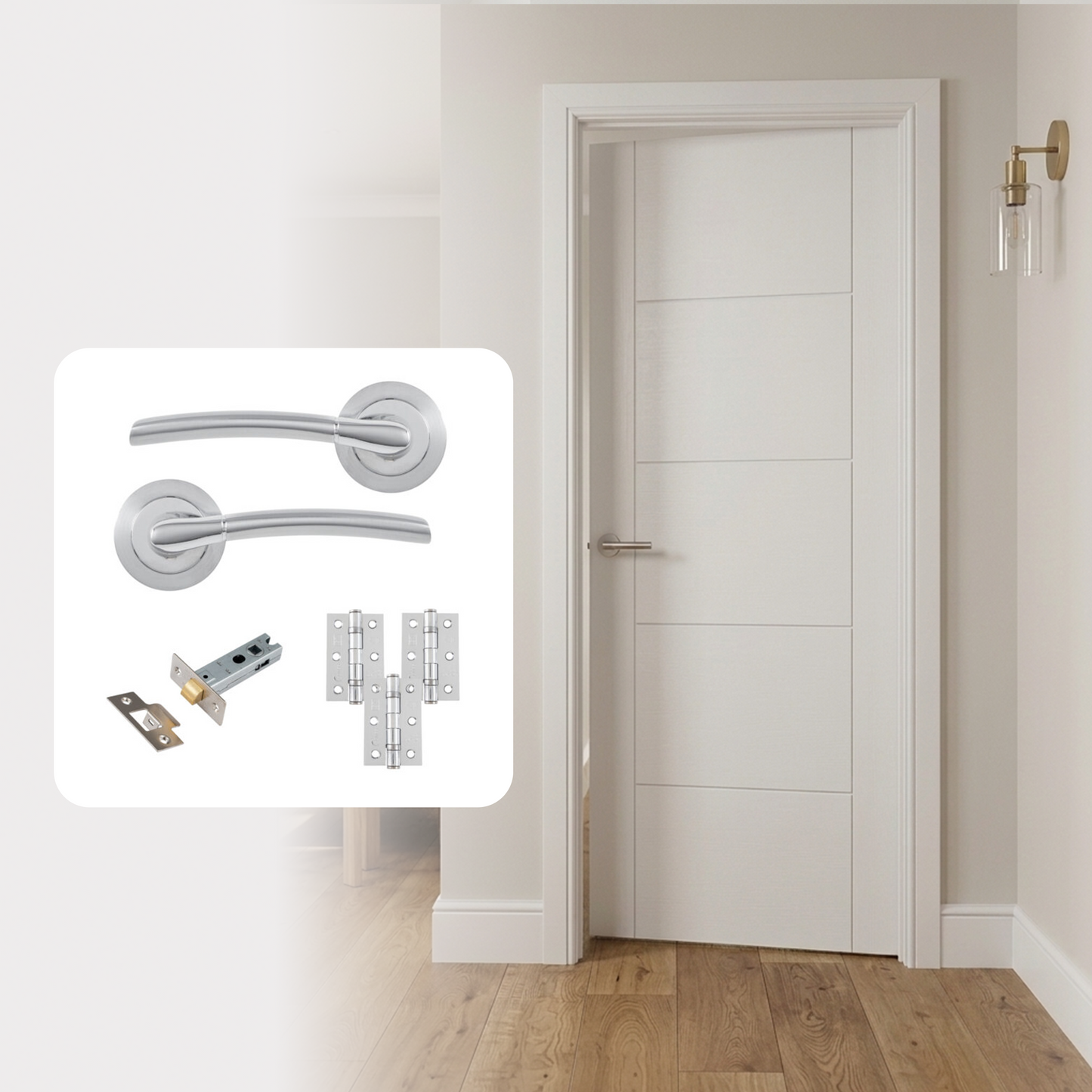 White Primed Hollow Core Smooth 5P Vancouver Internal Door with Handle Pack
