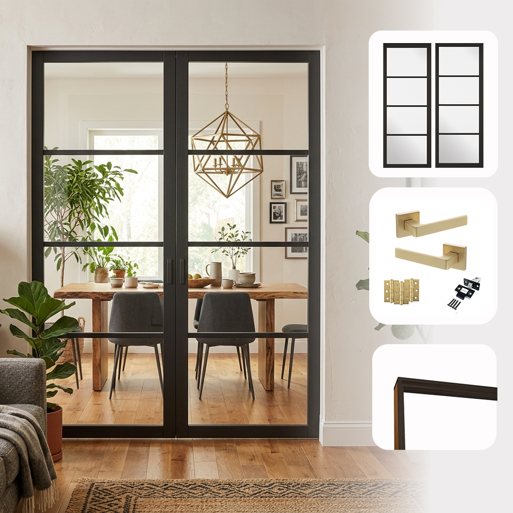 Industrial 4L Black Clear Glazed Internal Pair Door Set