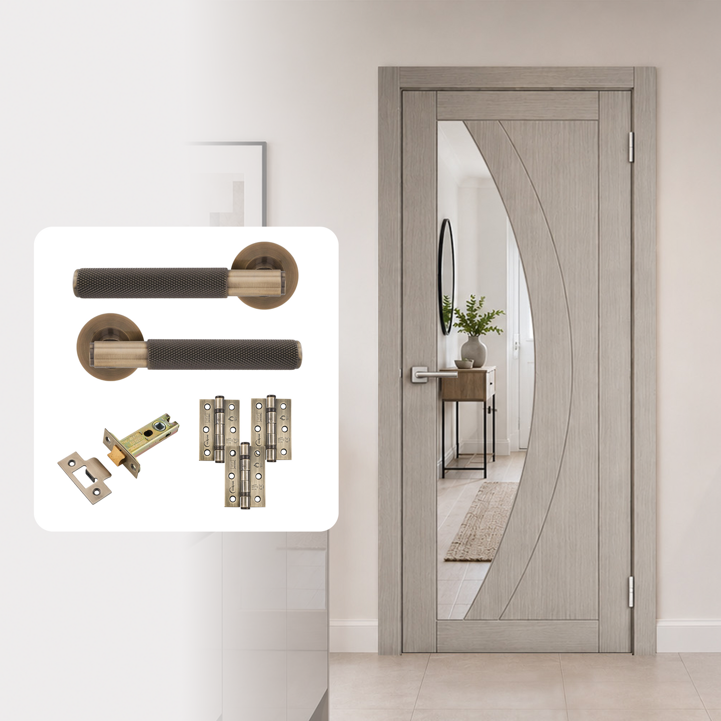 Fully Finished Grey Laminate Sorrento Clear Glazed Internal Door with Handle Pack