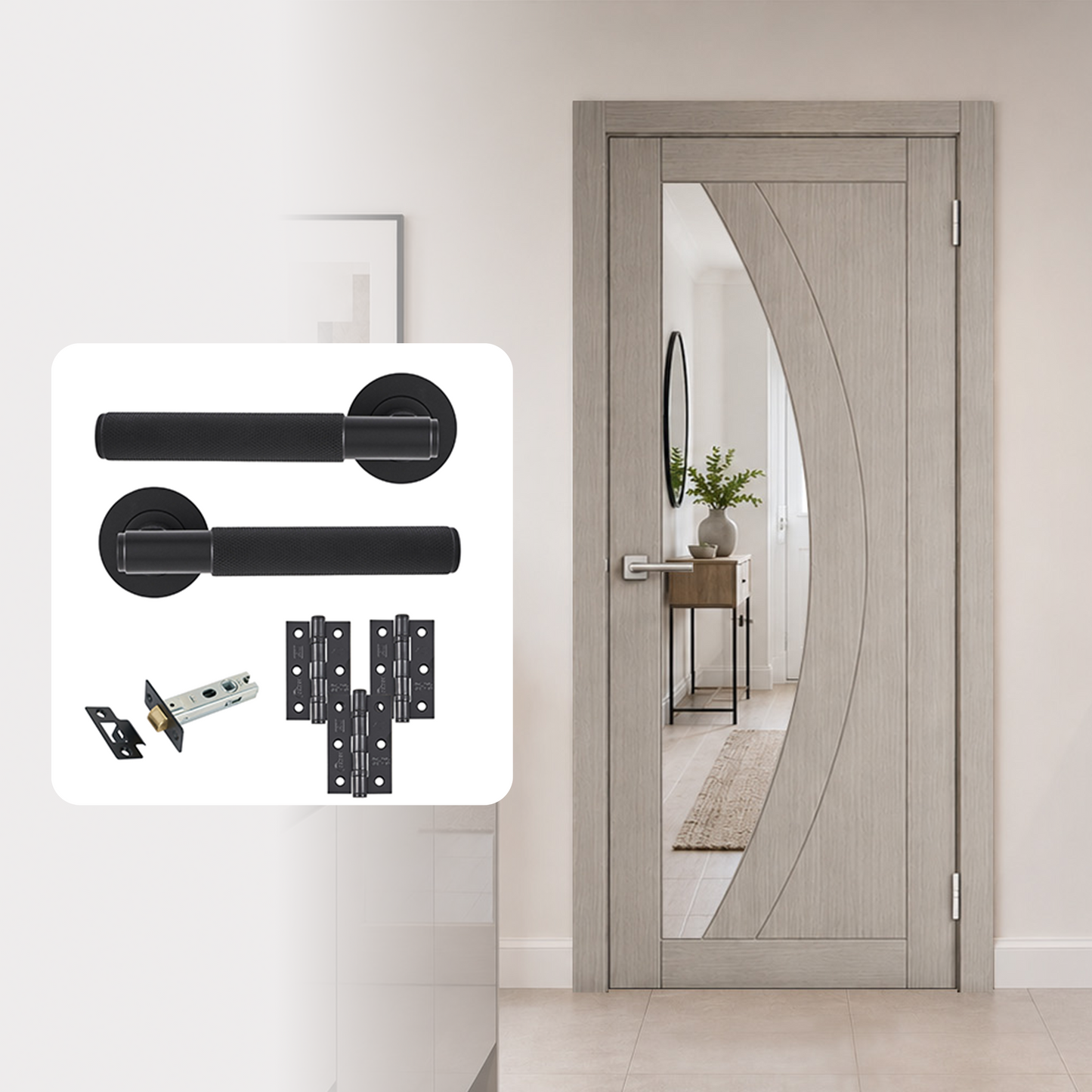Fully Finished Grey Laminate Sorrento Clear Glazed Internal Door with Handle Pack