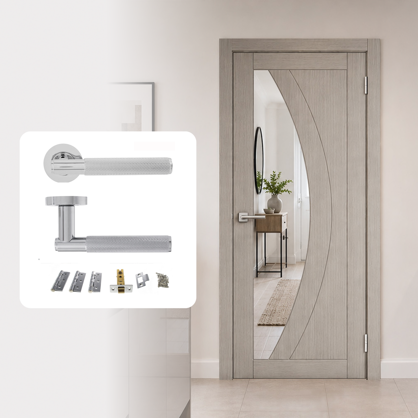 Fully Finished Grey Laminate Sorrento Clear Glazed Internal Door with Handle Pack