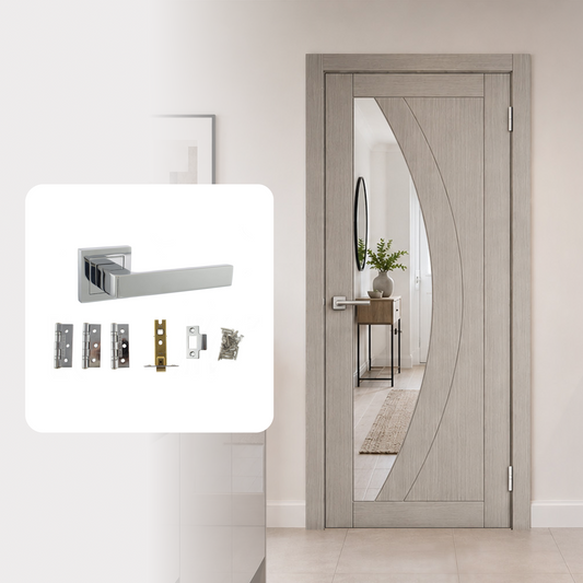 Fully Finished Grey Laminate Sorrento Clear Glazed Internal Door with Handle Pack