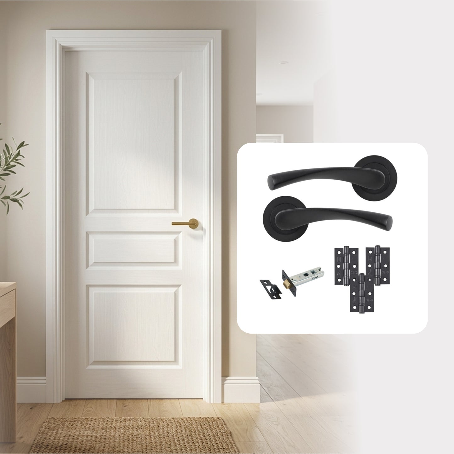 White Primed 3 Panel Textured Hollow Core Internal Door with Handle Pack
