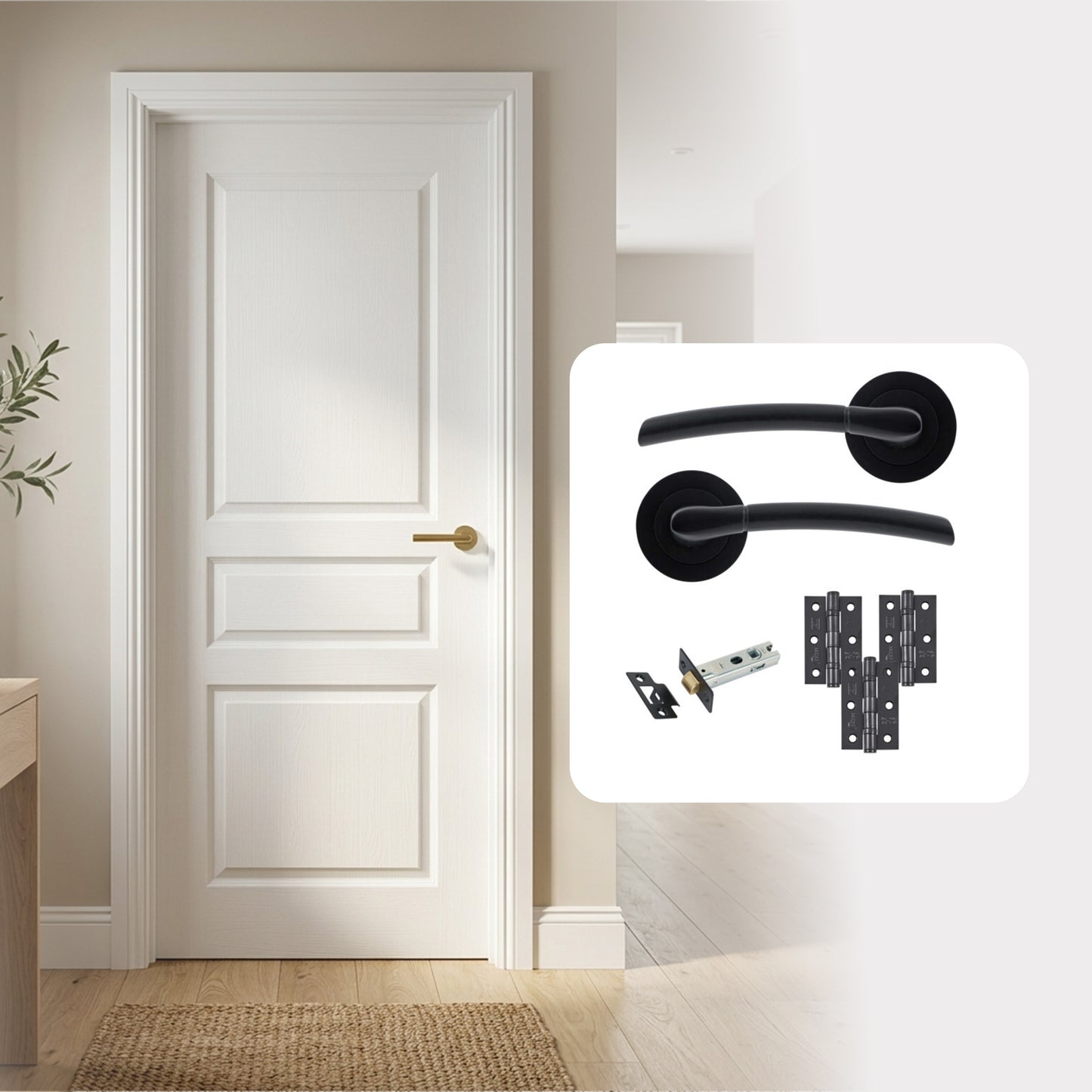 White Primed 3 Panel Textured Hollow Core Internal Door with Handle Pack
