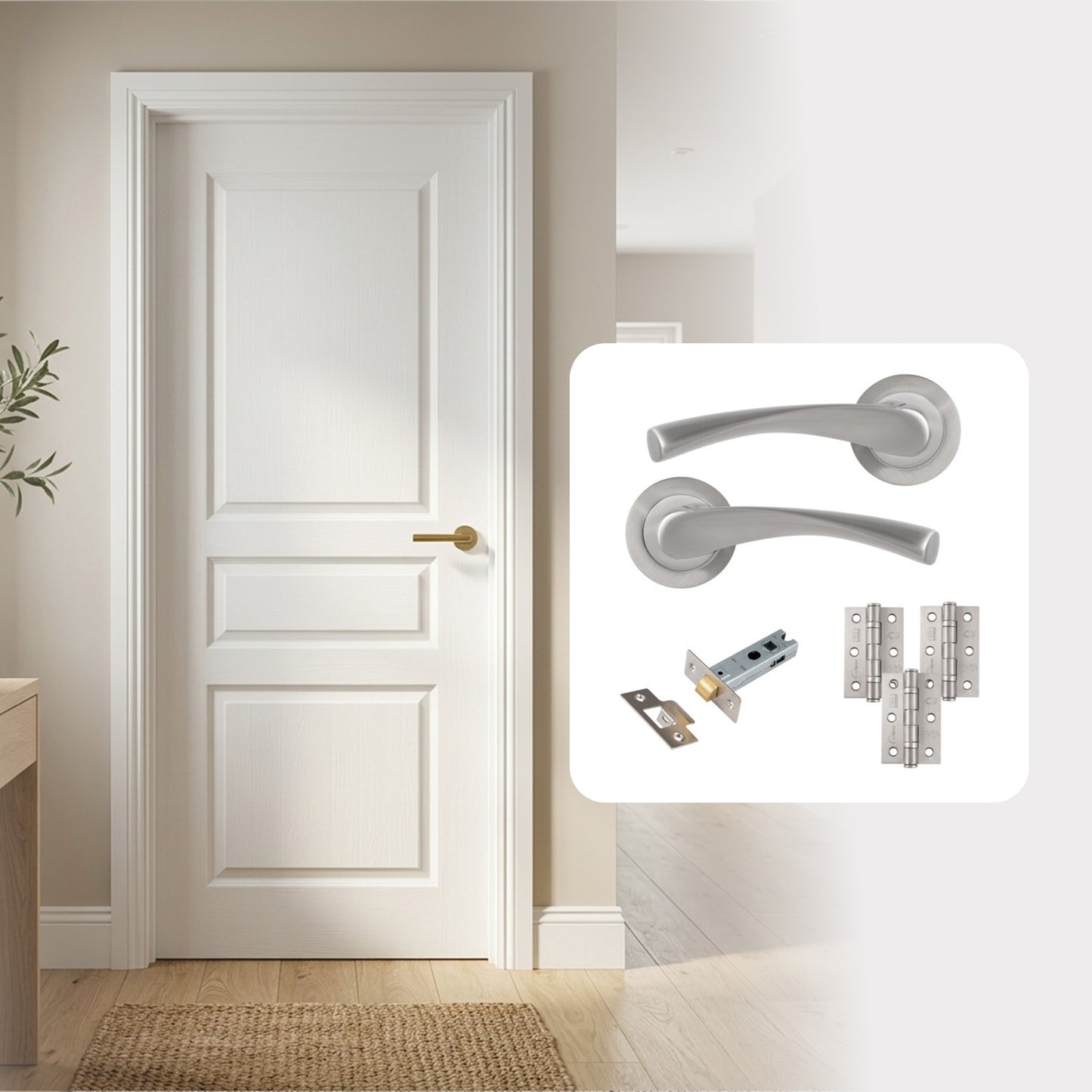 White Primed 3 Panel Textured Hollow Core Internal Door with Handle Pack