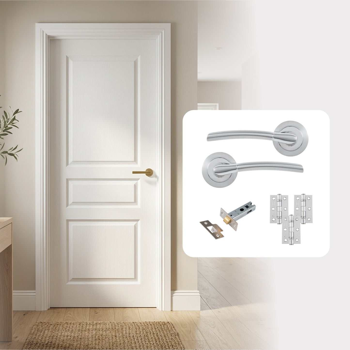 White Primed 3 Panel Textured Hollow Core Internal Door with Handle Pack