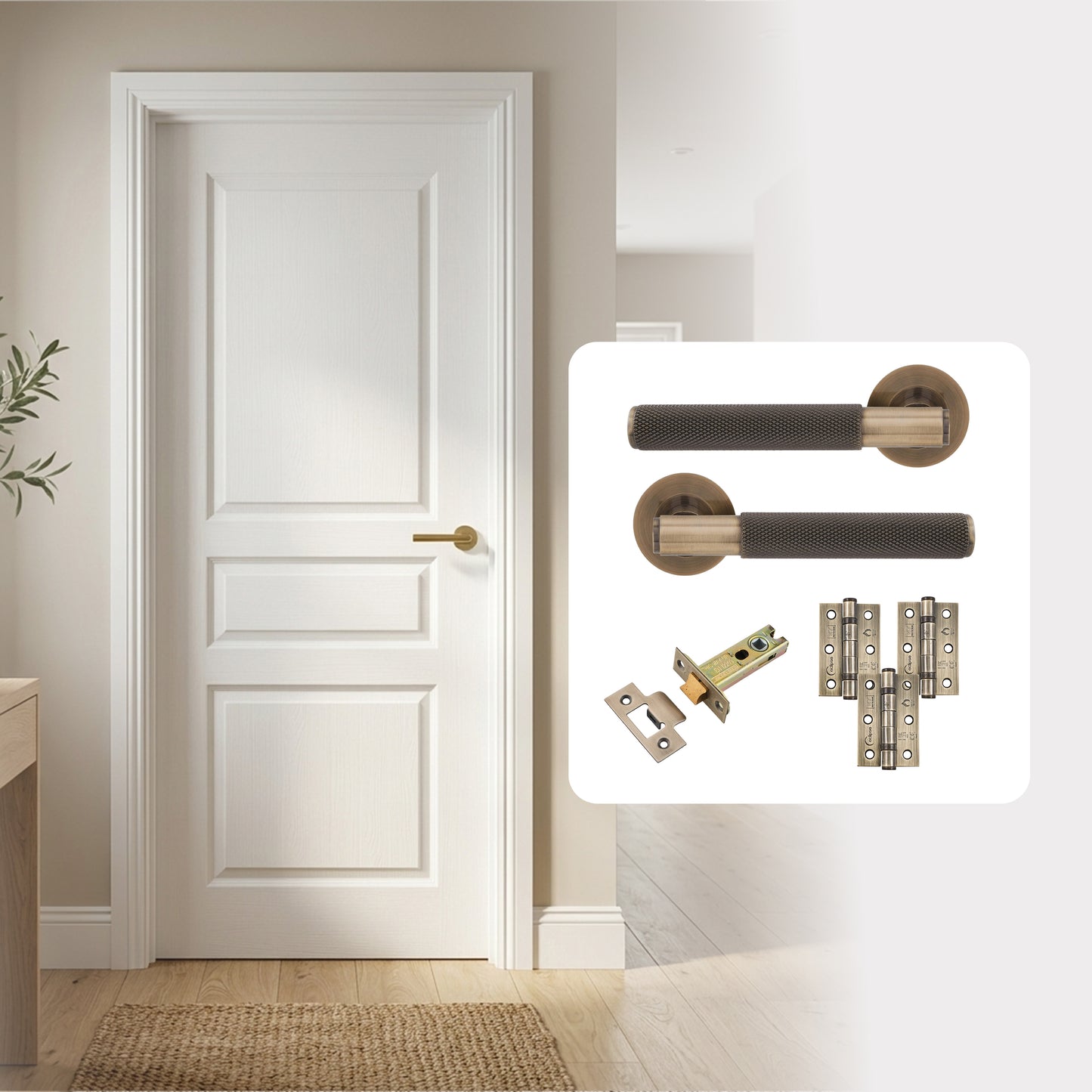 White Primed 3 Panel Textured Hollow Core Internal Door with Handle Pack